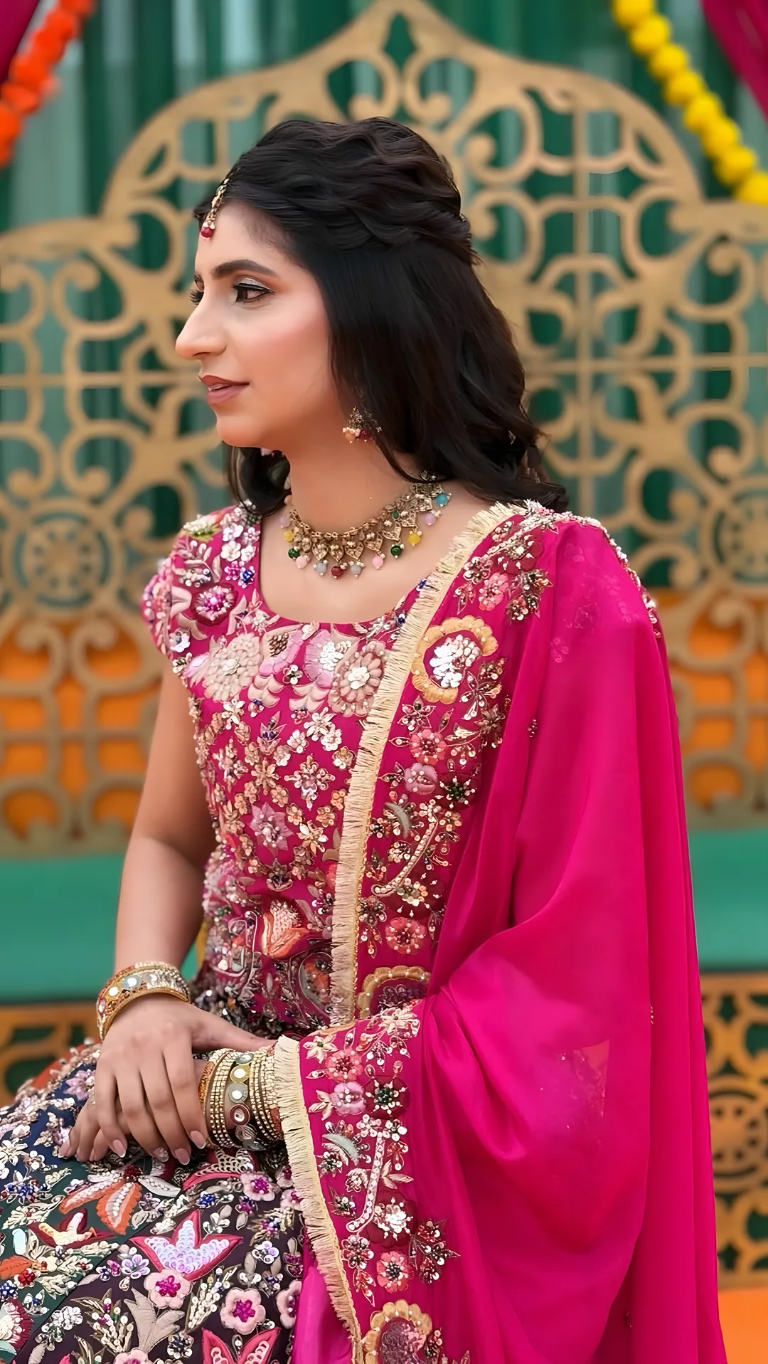 Bride in pink and green